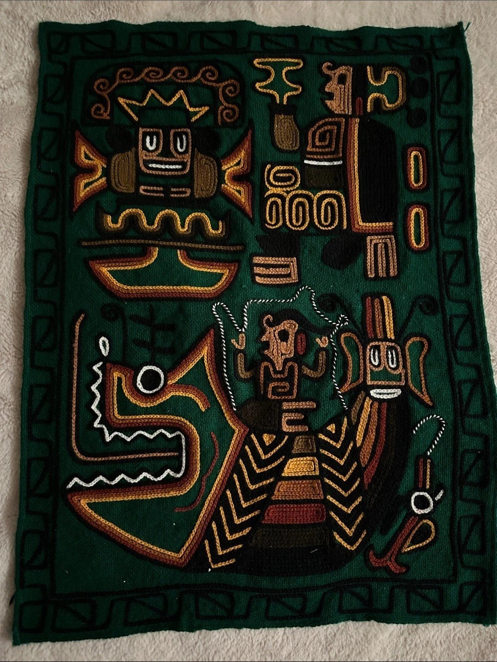 Vintage Peruvian Inca God Embroidered Textile Wall Art in Green & Black 17 x 24”